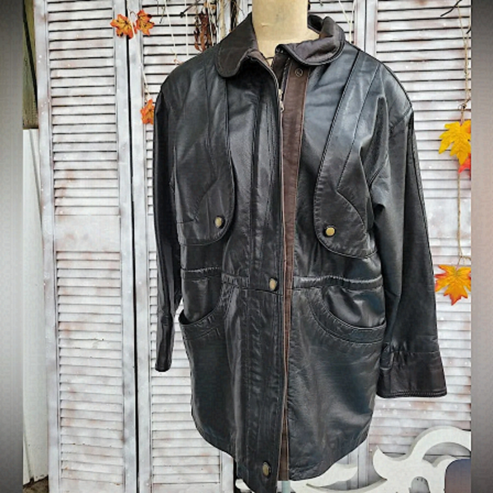 AKOURI CUIRS Leather coat, vintage, brown trim